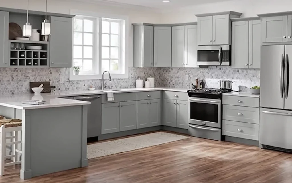 Custom Kitchen Cabinets Greensboro NC | Local Makers & Installers 1 Light gray shaker cabinets with white quartz waterfall island – Greensboro NC kitchen remodel